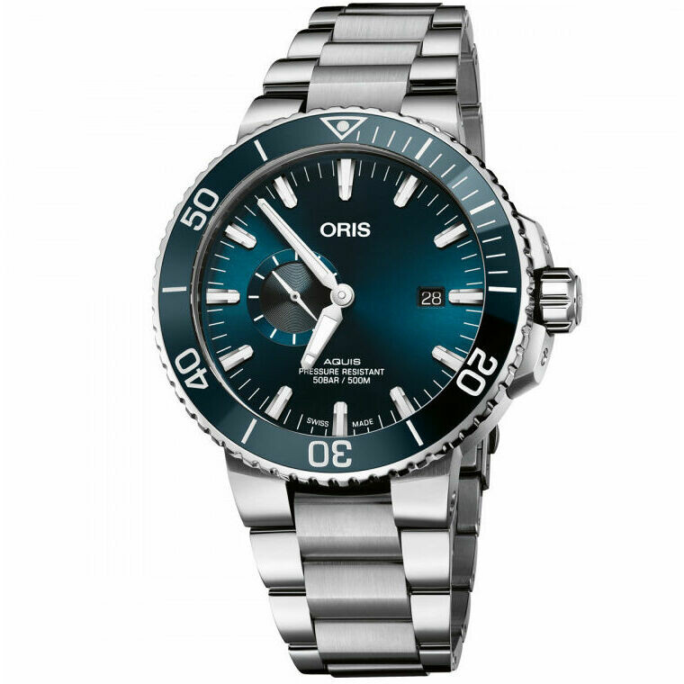 Oris Aquis small second Date blue dial steel watch