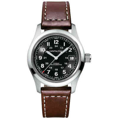 Orologio automatico Hamilton Khaki Field nero cinturino marrone Orologio automatico Hamilton Khaki Field nero cinturino marrone