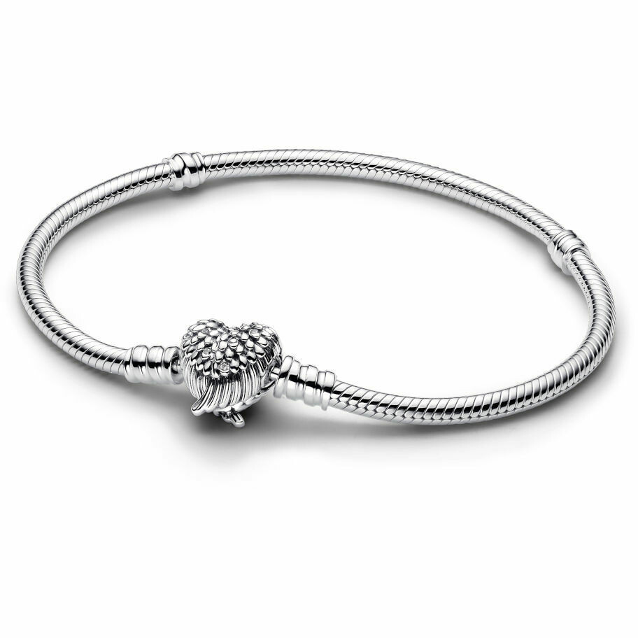 Pandora Bracelet with Heart Clasp and Angel Wings