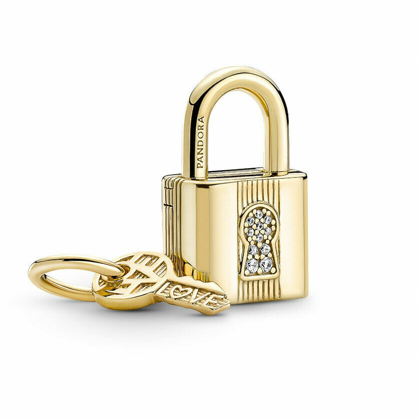 Pandora Charm Pendant Padlock and Key of Love Yellow Gold Plated