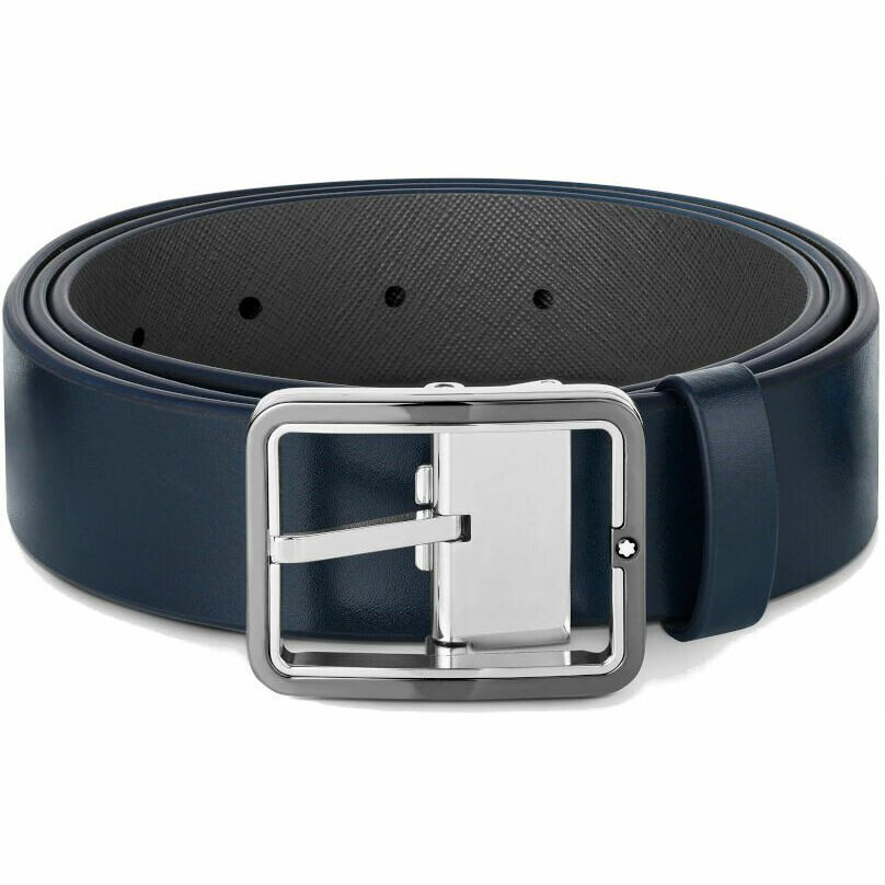 Reversible Montblanc belt in blue and gray leather with rectangular buckle
