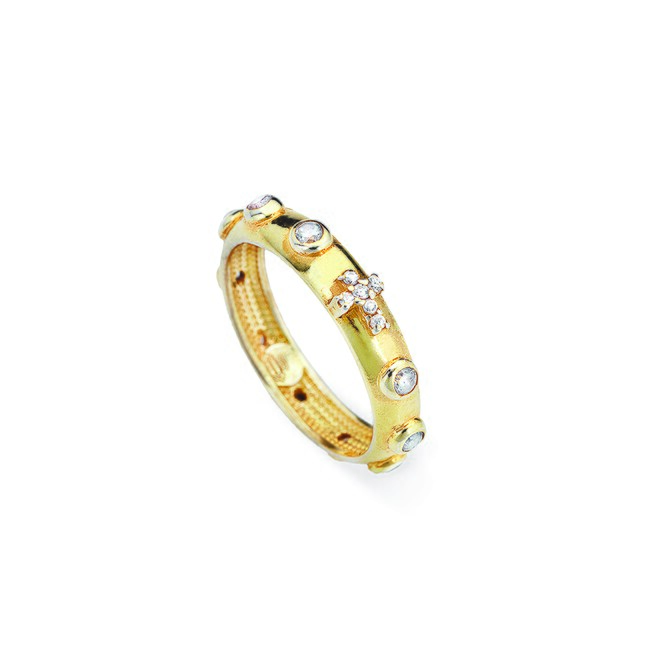 Rosary ring in golden silver and white zircons
