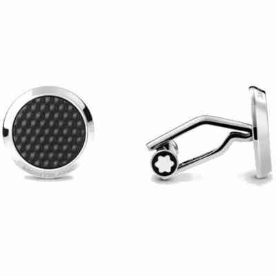 Round Montblanc Meisterstuck cufflinks in steel and black lacquer