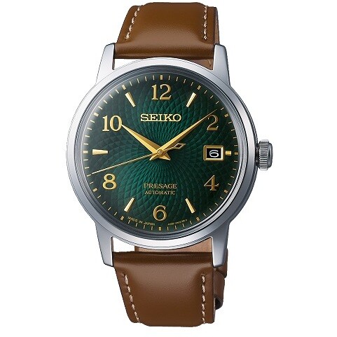 Seiko Presage Cocktail Mojito green watch with brown strap