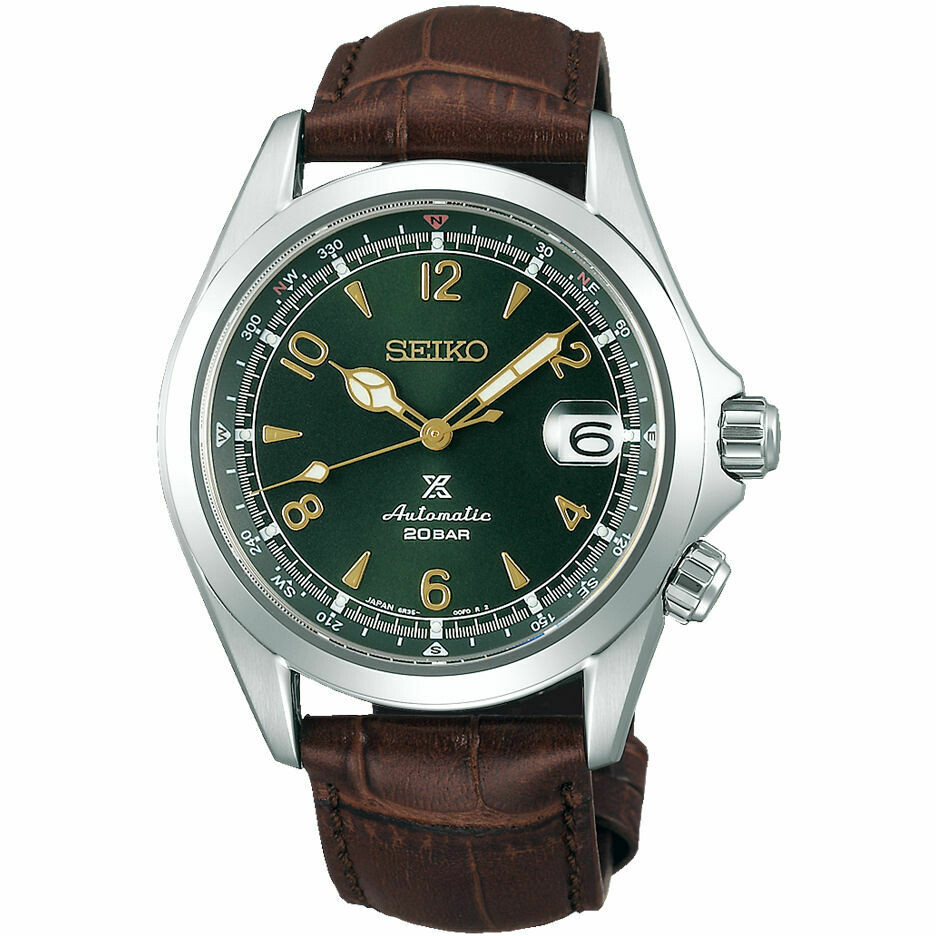Seiko Prospex Alpinist green watch with brown strap