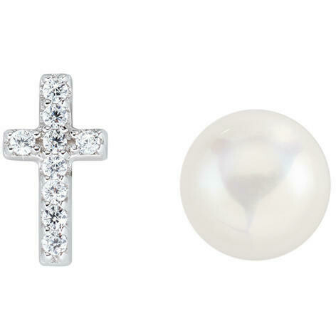 Silver earrings with pearl and zirconia cross by Amen