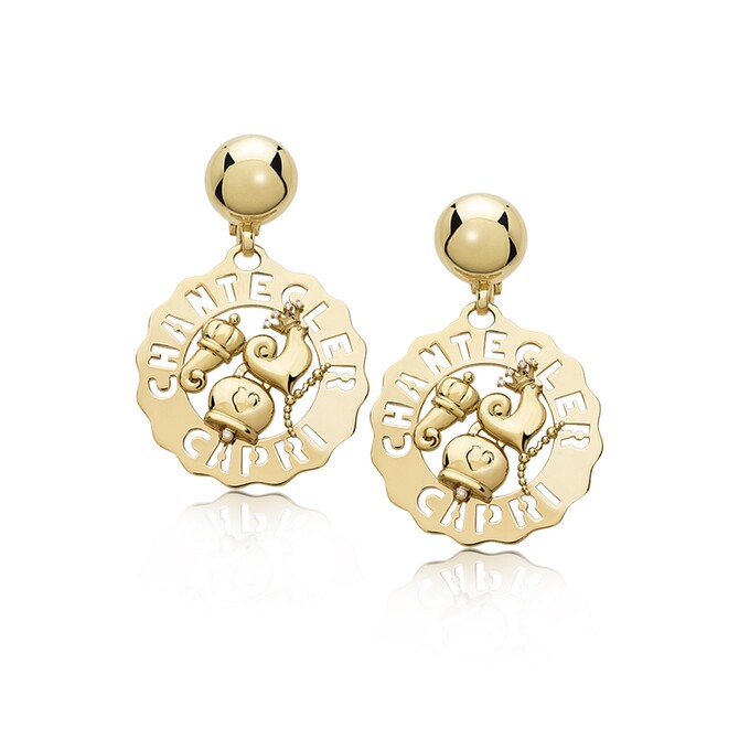 Single Chantecler Logo earring with small rooster, bell and horn in yellow gold and diamonds