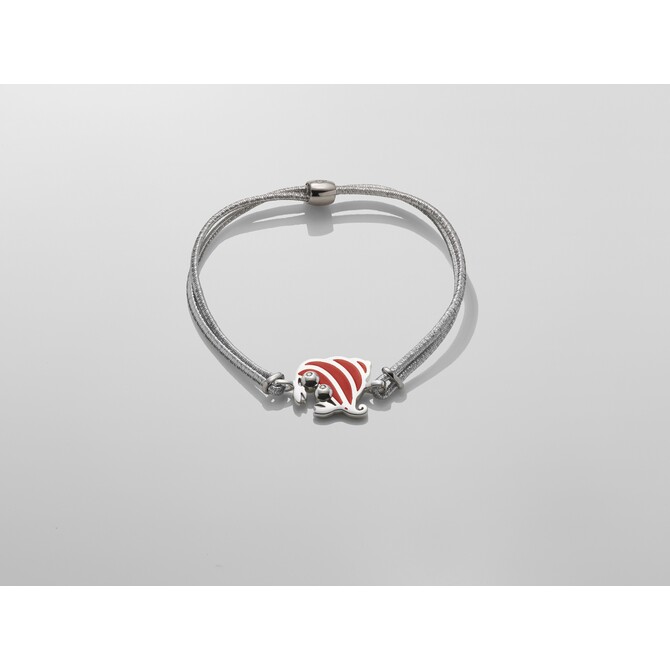 Small hermit crab bracelet in silver and red enamel eyes with diamond and black cord