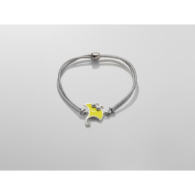 Small manta ray bracelet in silver and yellow enamel eyes with diamond and black cord
